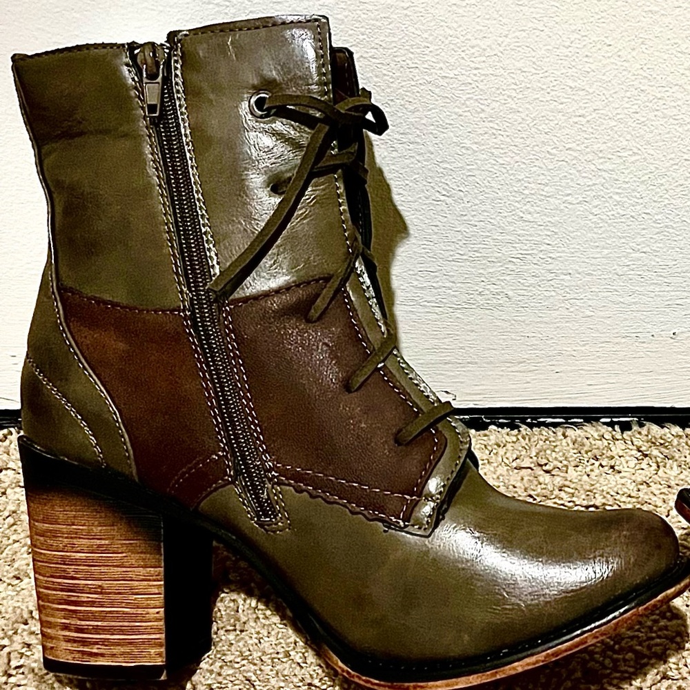 Pierre Dumas 10 Booties Double Side Zip Brown Stacked Heel Rawhide Lace Up